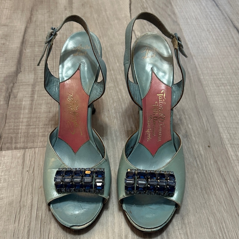 Vintage Elegant Baby Blue Heels with Crystal Embellishments - wedding